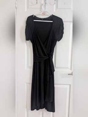 Vintage Bebe Black Wrap Dress Made in USA Rayon Spandex Midi Y2K whimsigoth  M